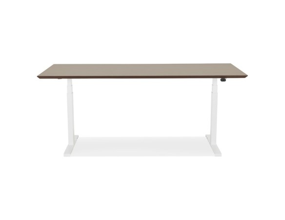 Bureau assis-debout électrique BIONIKavec plateau en bois finition Noyer et pied en métal blanc - 180x90 cm