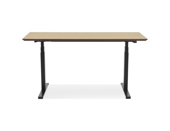 Bureau assis-debout électrique BIONIKavec plateau en bois finition naturelle et pied en métal noir - 150x70 cm
