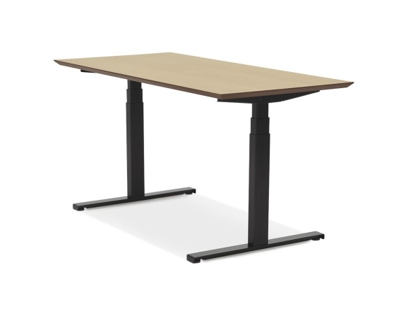 Bureau assis-debout électrique BIONIKavec plateau en bois finition naturelle et pied en métal noir - 150x70 cm