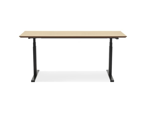 Bureau assis-debout électrique BIONIKavec plateau en bois finition naturelle et pied en métal noir - 180x90 cm
