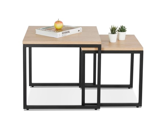 Set de 2 tables gigognes emboîtables style industriel MOMA en bois finition naturelle et métal noir