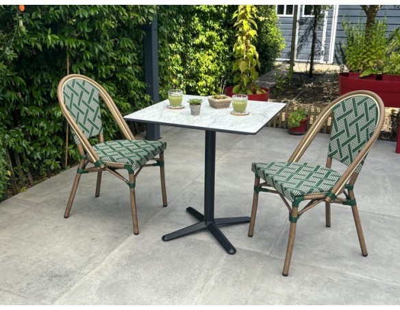 Ensemble de jardin table HPL effet marbré + 2 fauteuils Vert - BISTRO