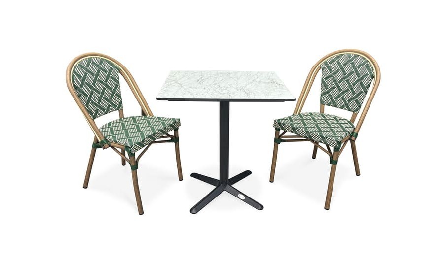 Ensemble de jardin table HPL effet marbré + 2 fauteuils Vert - BISTRO
