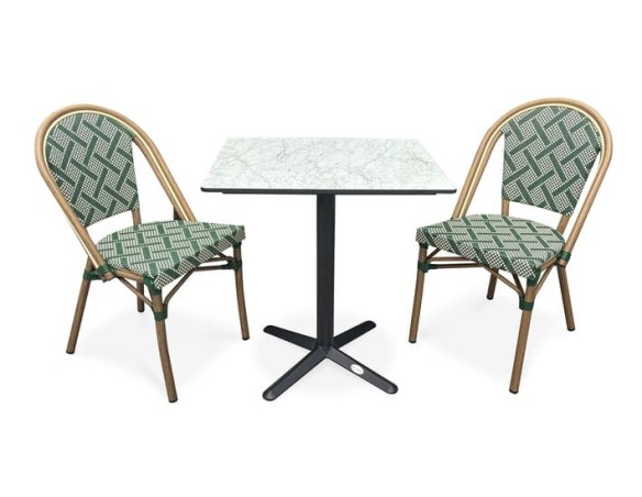 Ensemble de jardin table HPL effet marbré + 2 fauteuils Vert - BISTRO
