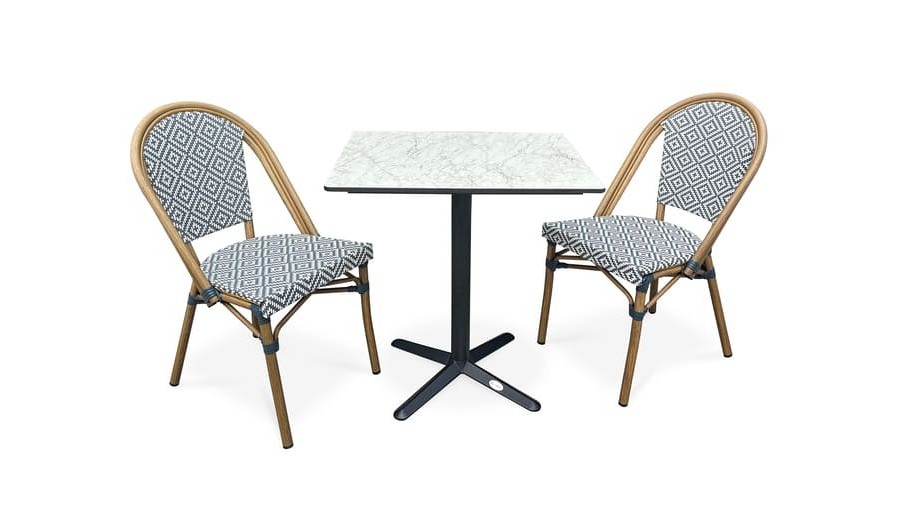 Table bistrot extérieure 2 places avec fauteuils empilables