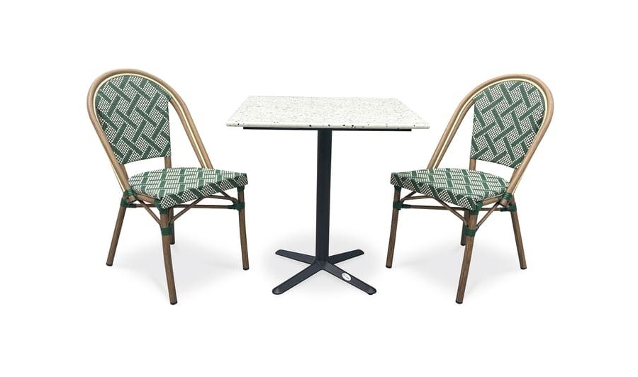 Lot composé d'une table de jardin BISTRO en Terrazzo et de 2 fauteuils vert