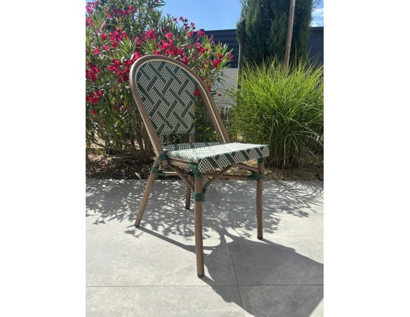 Fauteuil de jardin empilable vert en aluminium effet bois et textilène - BISTRO
