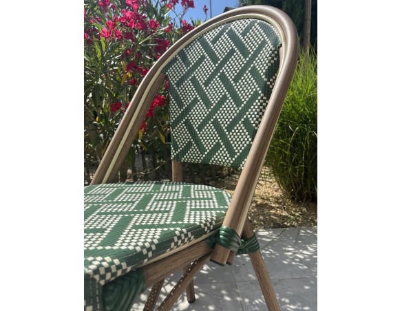 Fauteuil de jardin empilable vert en aluminium effet bois et textilène - BISTRO