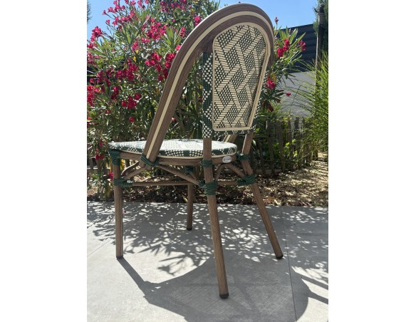 Fauteuil de jardin empilable vert en aluminium effet bois et textilène - BISTRO