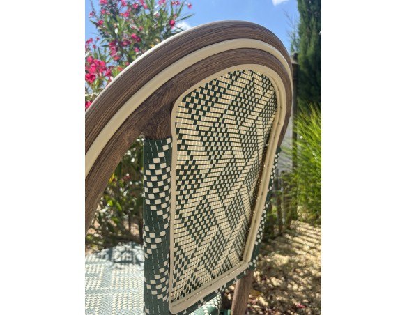 Fauteuil de jardin empilable vert en aluminium effet bois et textilène - BISTRO