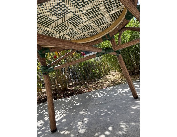 Fauteuil de jardin empilable vert en aluminium effet bois et textilène - BISTRO