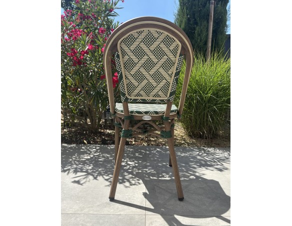 Fauteuil de jardin empilable vert en aluminium effet bois et textilène - BISTRO