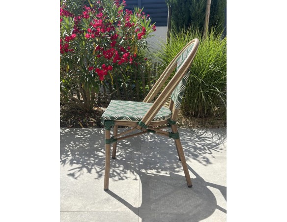 Fauteuil de jardin empilable vert en aluminium effet bois et textilène - BISTRO
