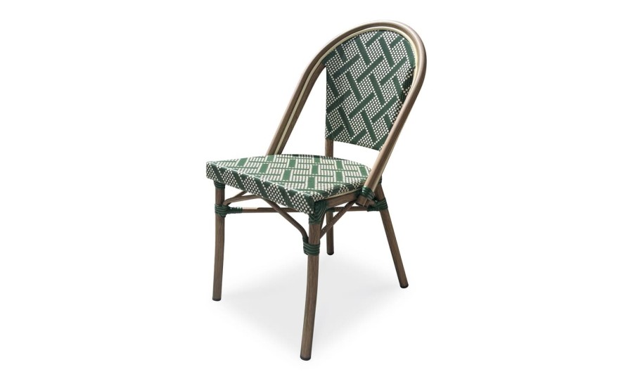Fauteuil de jardin empilable vert en aluminium effet bois et textilène - BISTRO