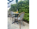 Ensemble de jardin table RONDE HPL effet marbré + 2 fauteuils bleu - BISTRO