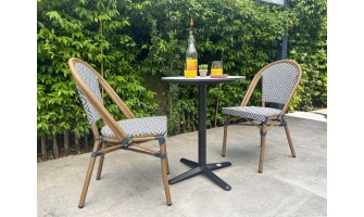 Ensemble de jardin table RONDE HPL effet marbré + 2 fauteuils bleu - BISTRO
