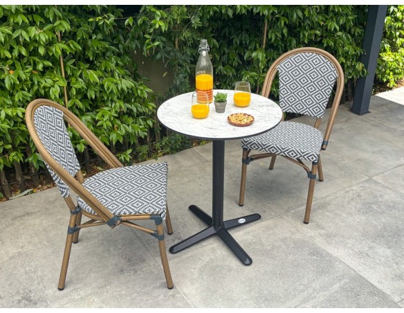 Ensemble de jardin table RONDE HPL effet marbré + 2 fauteuils bleu - BISTRO