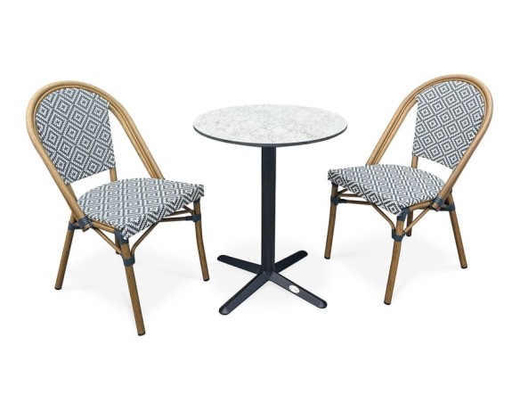 Ensemble de jardin table RONDE HPL effet marbré + 2 fauteuils bleu - BISTRO