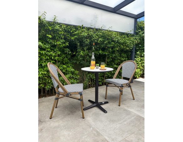 Ensemble de jardin table RONDE HPL effet marbré + 2 fauteuils bleu - BISTRO