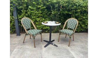 Ensemble de jardin table RONDE HPL effet marbré + 2 fauteuils verts - BISTRO