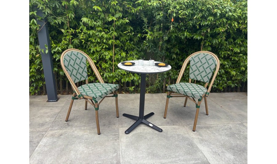 Ensemble de jardin table RONDE HPL effet marbré + 2 fauteuils verts - BISTRO Ensemble de jardin table RONDE HPL effet marbré + 2 fauteuils verts - BISTRO