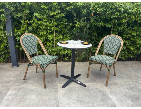Ensemble de jardin table RONDE HPL effet marbré + 2 fauteuils verts - BISTRO