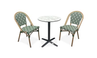 Ensemble de jardin table RONDE HPL effet marbré + 2 fauteuils verts - BISTRO