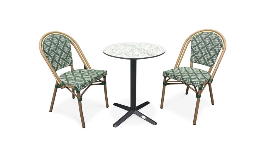 Ensemble de jardin table RONDE HPL effet marbré + 2 fauteuils verts - BISTRO
