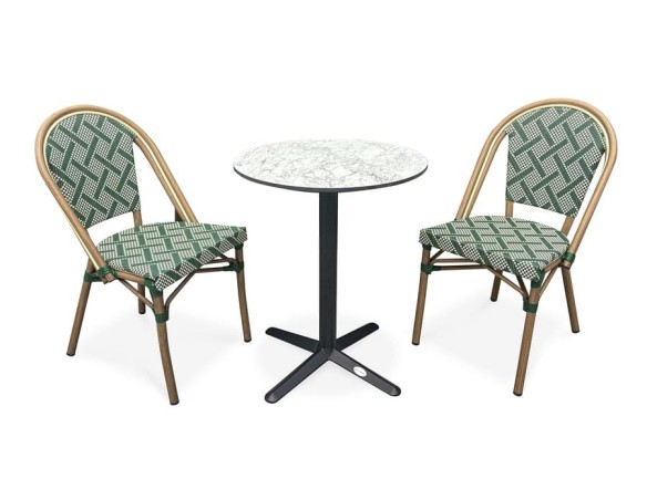 Ensemble de jardin table RONDE HPL effet marbré + 2 fauteuils verts - BISTRO