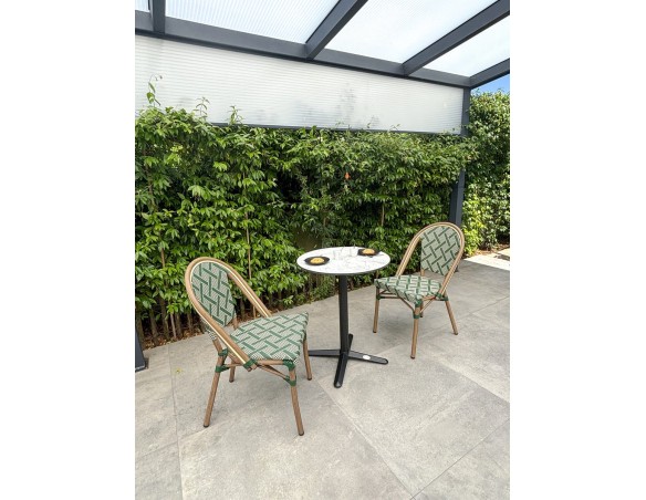 Ensemble de jardin table RONDE HPL effet marbré + 2 fauteuils verts - BISTRO