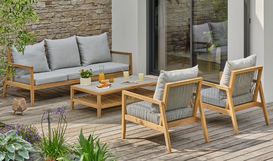 Salon bas de jardin en bois d'acacia avec coussins gris FUNA Salon bas de jardin en bois d'acacia avec coussins gris FUNA