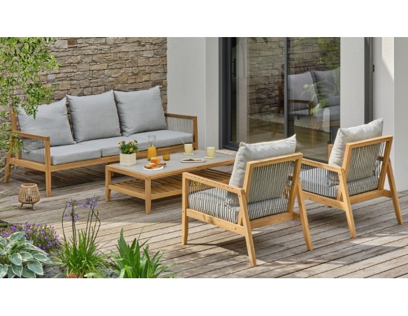 Salon bas de jardin en bois d'acacia avec coussins gris FUNA
