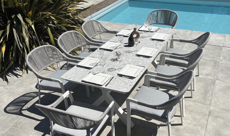 ensemble repas de jardin gris blanc terrazzo ABELLA ensemble repas de jardin gris blanc terrazzo ABELLA