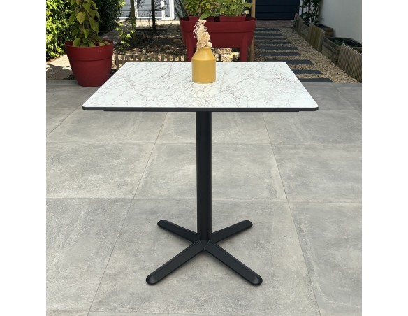 Table carrée de jardin BISTRO (70x70 cm) en acier noir et plateau HPL effet marbre - BLANC