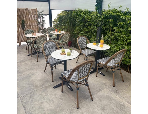 Table ronde de jardin BISTRO (diam. 60 cm) en acier noir et plateau HPL effet marbre - BLANC