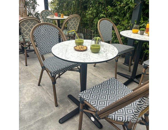 Table ronde de jardin BISTRO (diam. 60 cm) en acier noir et plateau HPL effet marbre - BLANC