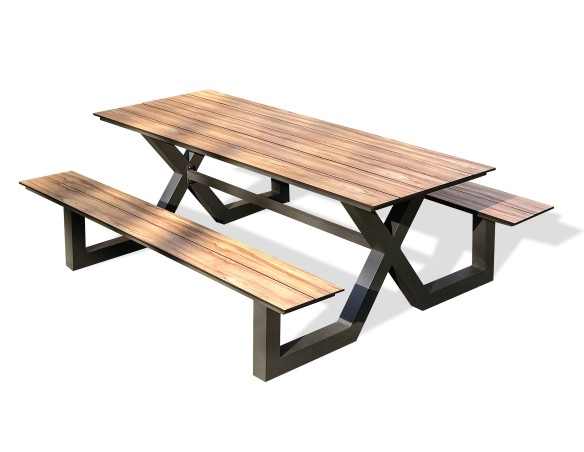 VANCOUVER - Table de jardin en aluminium et plateau HPL effet bois 210 cm