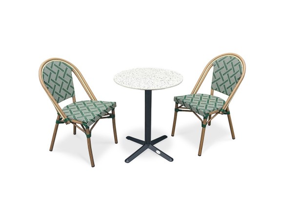 BISTRO - Ensemble repas de jardin 2 places en acier et plateau terrazzo - vert 60 cm