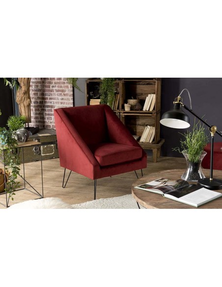 Fauteuil velours bordeaux et métal