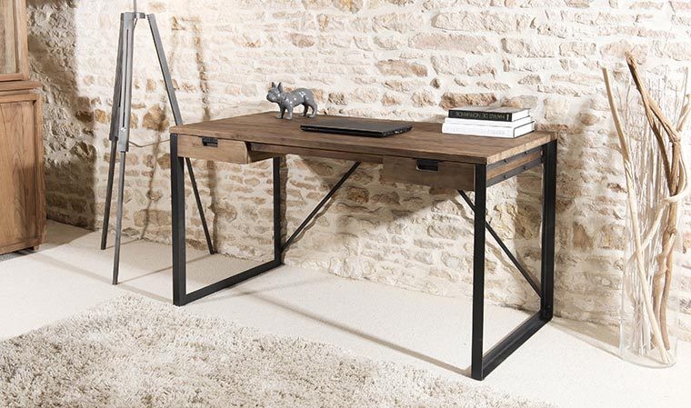 Bureau en teck et métal style industriel - Meuble bois massif