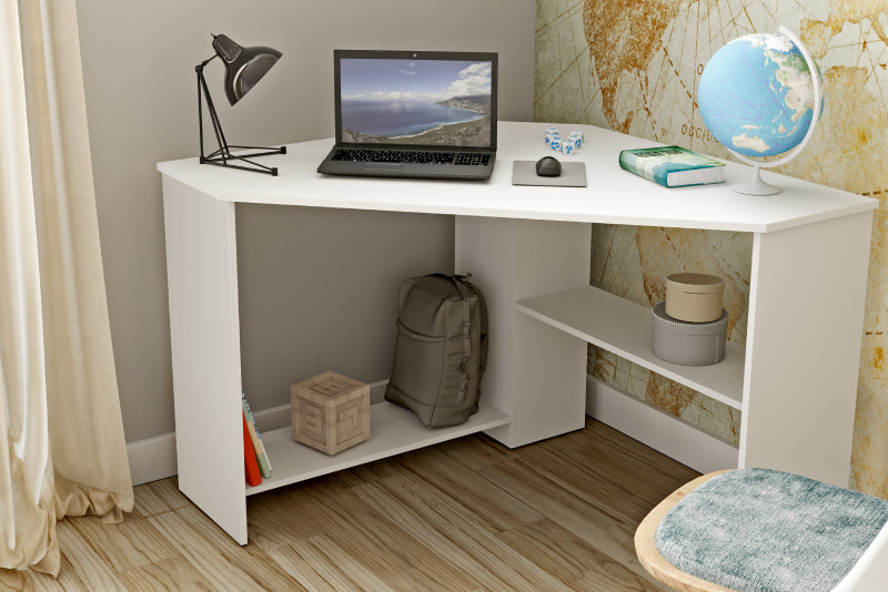 bureau angles blanc avec rangement