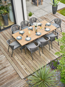 Ensemble repas de jardin KELIA en aluminium avec plateau effet bois