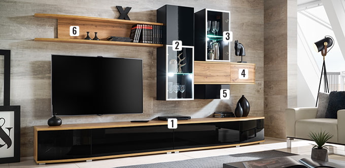 Ensemble TV design noir et bois avec rangements et étagère