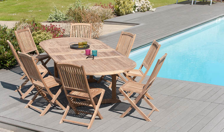 Salon de Jardin Teck Table D80 + 2 chaises pliantes SUMMER ref. 30020848, Ensemble repas