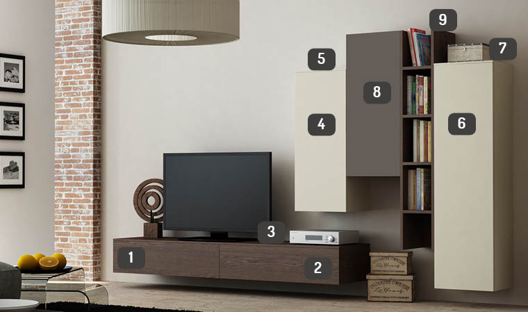 Ensemble suspendu meuble tv en bois foncé