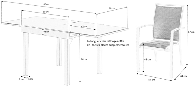 Dimensions table et fauteuils modulo