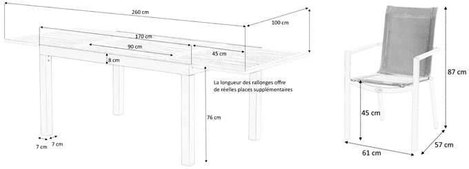 Dimensions table et fauteuil