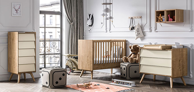 Chambre bébé complète VINTAGE blanc et chêne design